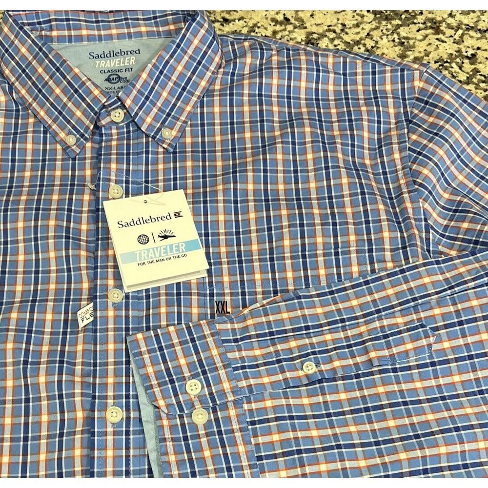 New Saddlebred Traveler Adaptive Cool Blue Plaid Button Long Sleeve Shirt XXL
